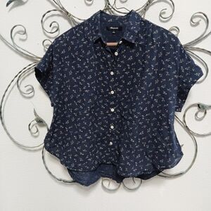 Madewell navy floral print cotton hi-lo button down top, S